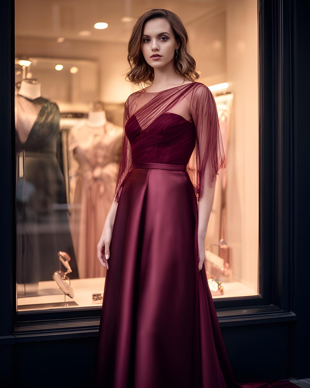 An evening model in a floor-length gown beside a softly lit boutique window with polished satin and sheer detailing