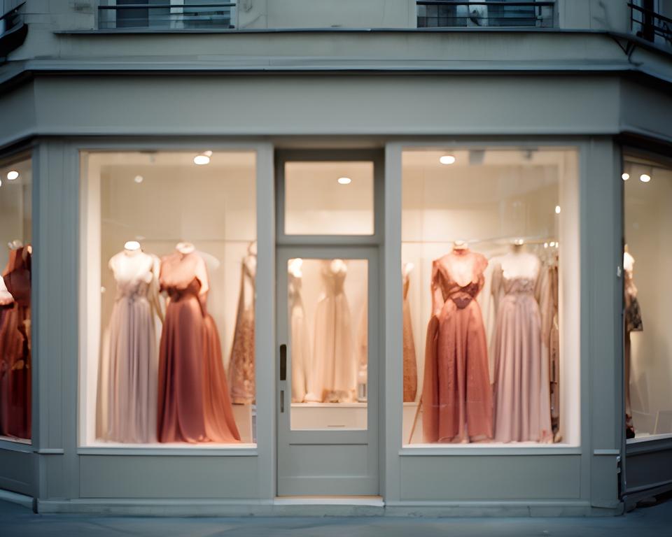 Evening wear boutique frontage with a softly lit window display and formal dresses behind glass
