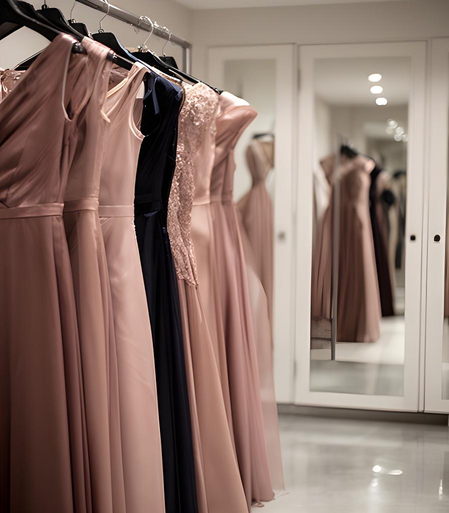 Elegant evening dresses on rails inside a softly lit boutique showroom with mirrored fitting-room doors