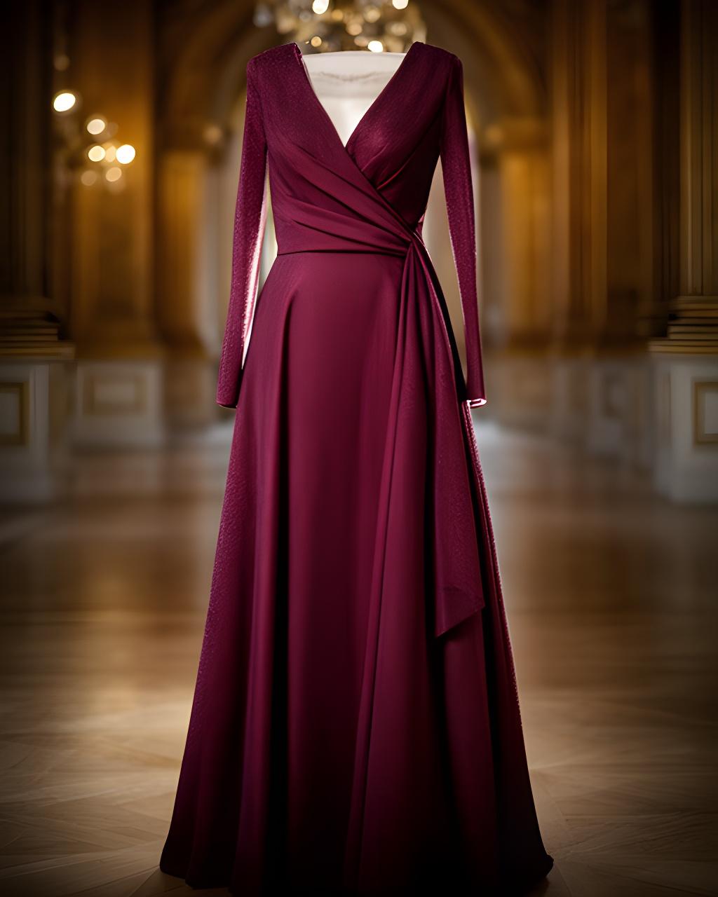 Maroon A-line gown on a client in a grand hall with a tailored wrap and subtle shimmer