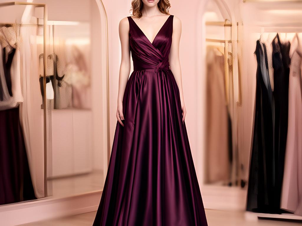 Model in a deep evening gown standing in a softly lit boutique fitting room with mirrors and satin rails