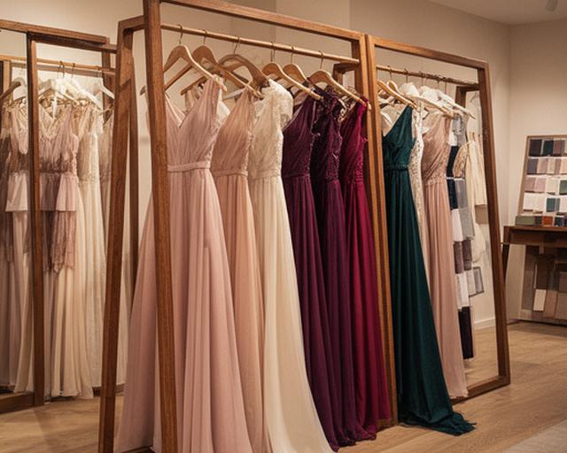 Neatly arranged evening dresses on wooden rails inside a Sandwell boutique with fabric samples and warm lighting