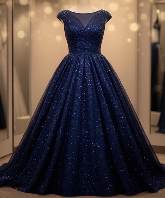 Navy prom dress with a full skirt and shimmer detail in a softly lit fitting area