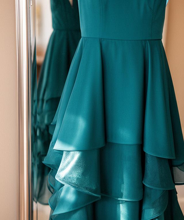 Teal cocktail dress with layered skirt and subtle shine displayed beside a mirror