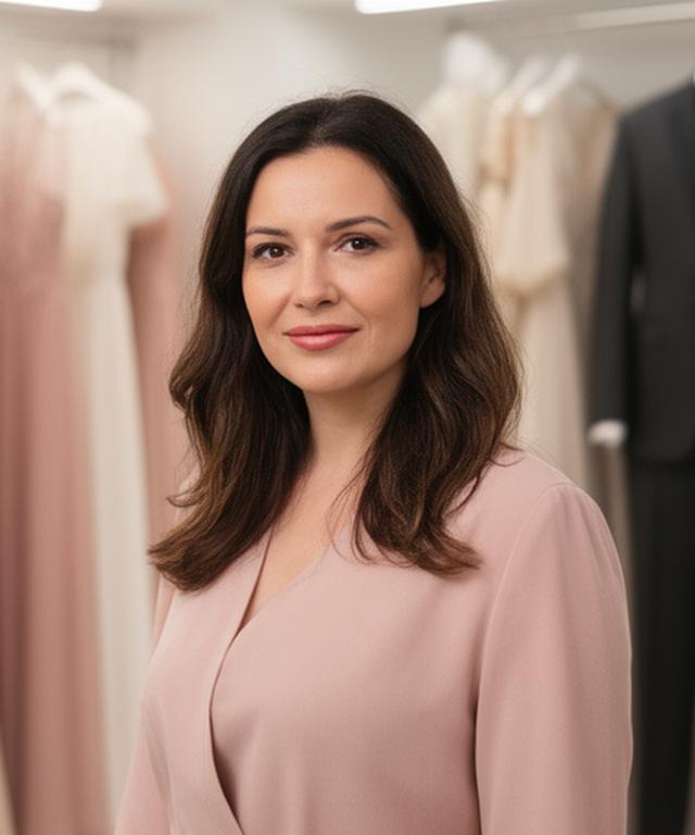 Boutique founder standing in a softly lit fitting room with evening dresses behind her