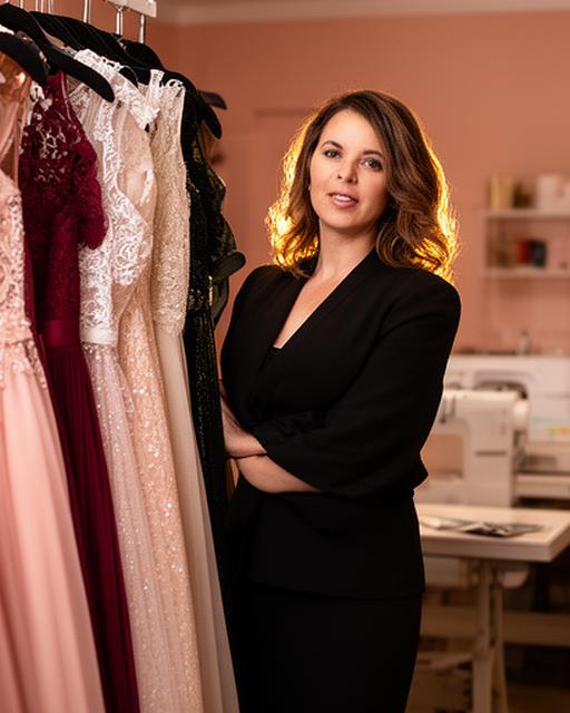 Founder standing beside a rail of formal gowns inside a warm boutique interior with a sewing table in the background