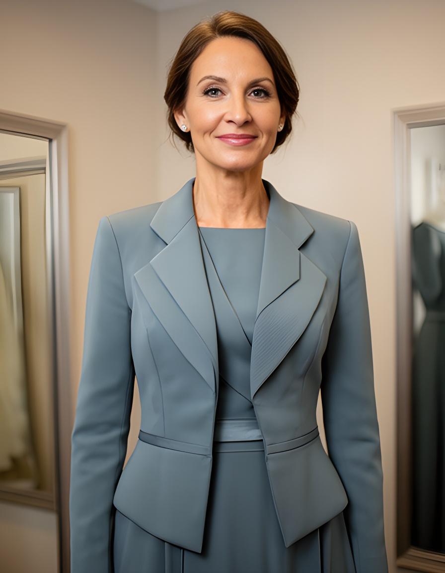 Mother of the bride outfit with a structured jacket and matching dress in a calm formal fitting room