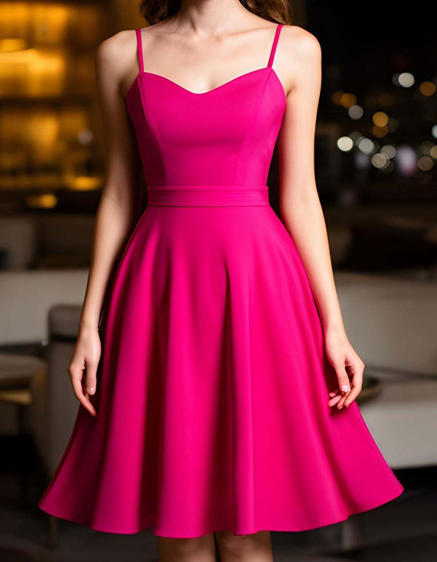 Cocktail midi dress in a lounge setting with a fitted waist, fine straps and a subtle flare