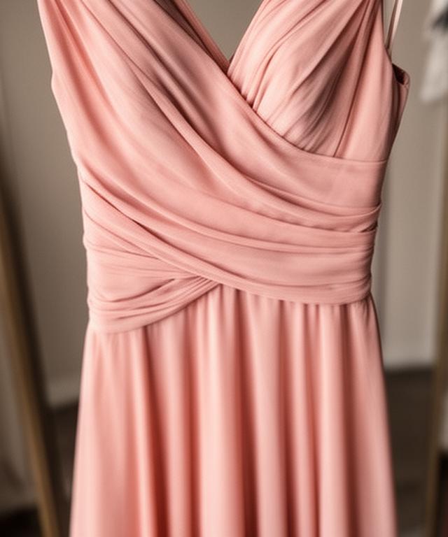 Blush cocktail dress with a fitted waist and soft drape on a boutique rail