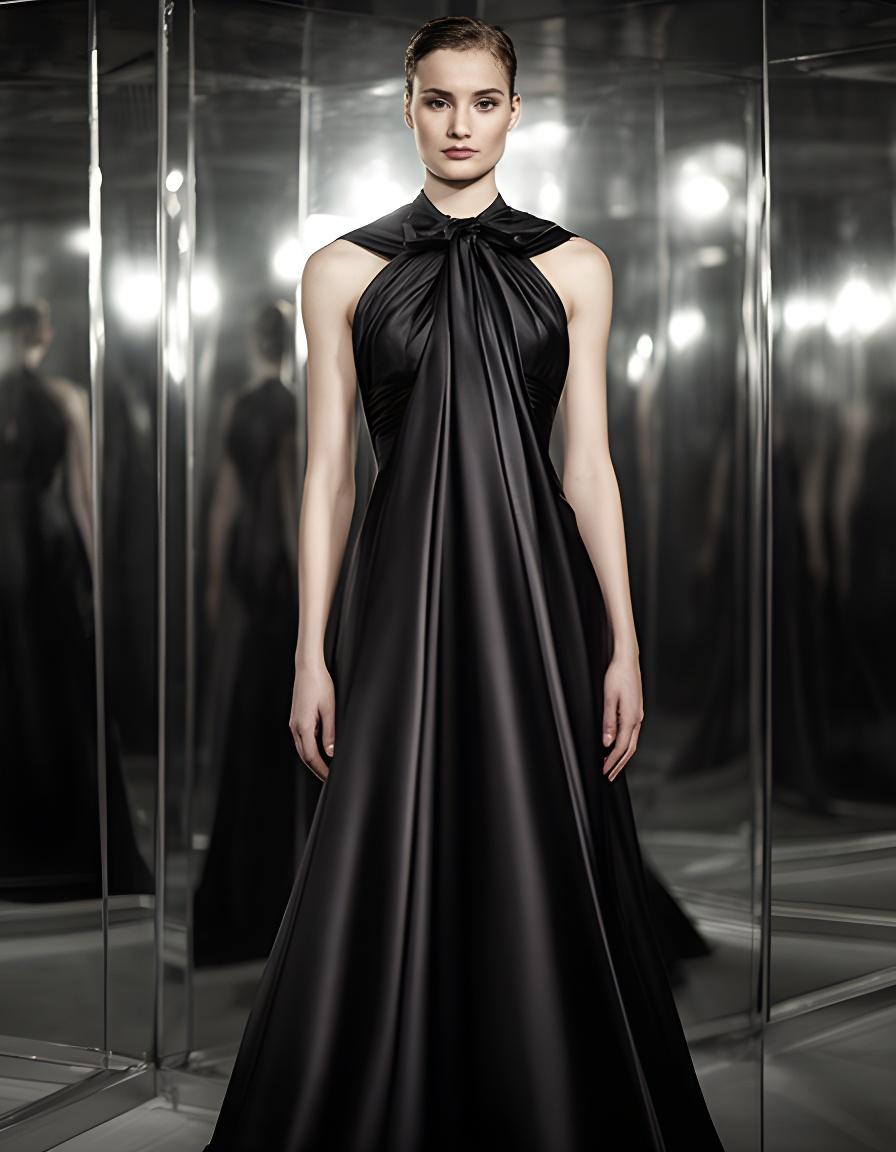 Black tie satin gown on a model beside a mirrored backdrop with a structured neckline and long drape