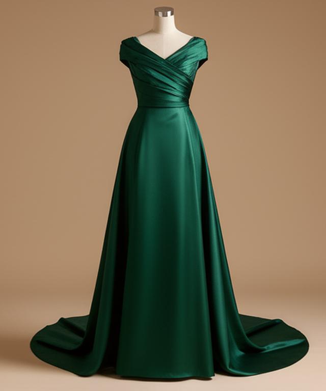 Emerald satin evening gown on a mannequin with a neat train and sculpted neckline