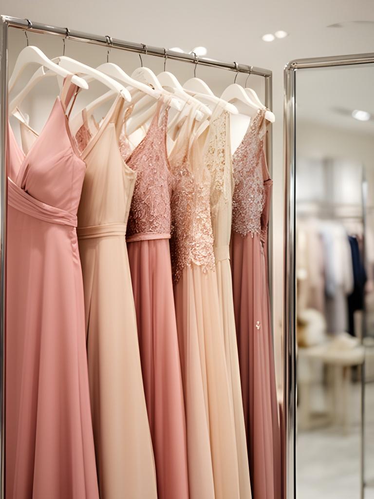 Evening gowns on a neat boutique rail beside a polished fitting mirror