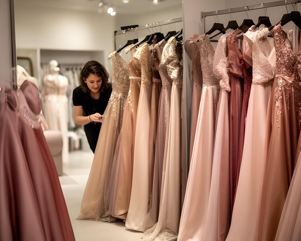 A stylist preparing evening gowns in a private fitting suite with soft lights and mirrors