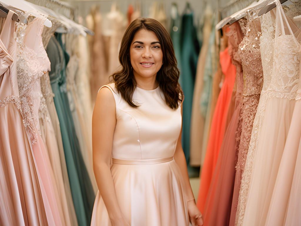 Founder in the Sandwell showroom beside rails of evening dresses and formal gowns