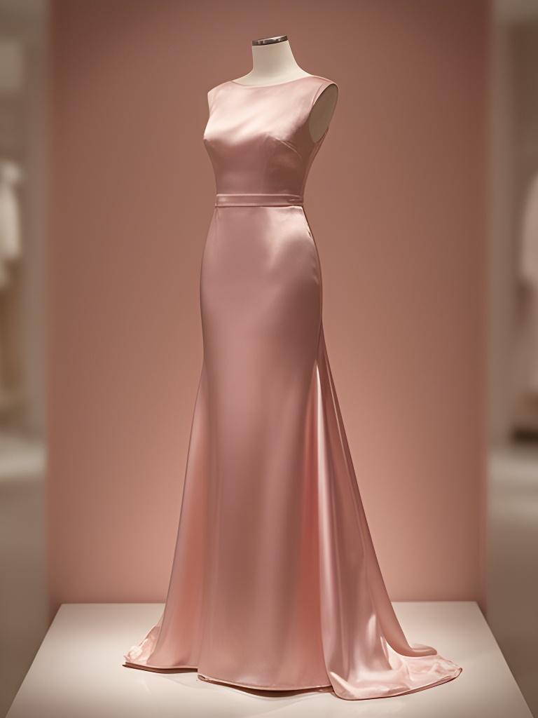 Full-length evening gown in a softly lit boutique display with satin sheen and a fitted bodice
