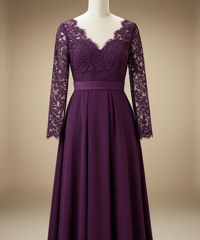 Plum mother of the bride dress with lace sleeves and a refined midi length